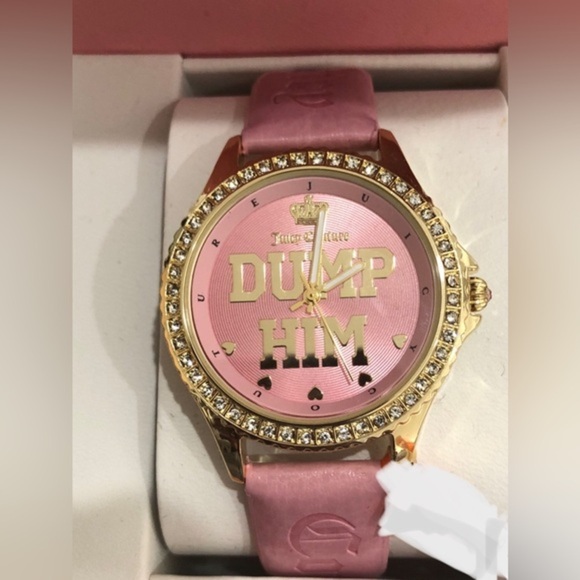 Juicy couture pink gold cz pave crystal bezel ‘Dump Him’ monogram wristwatch new main image 14
